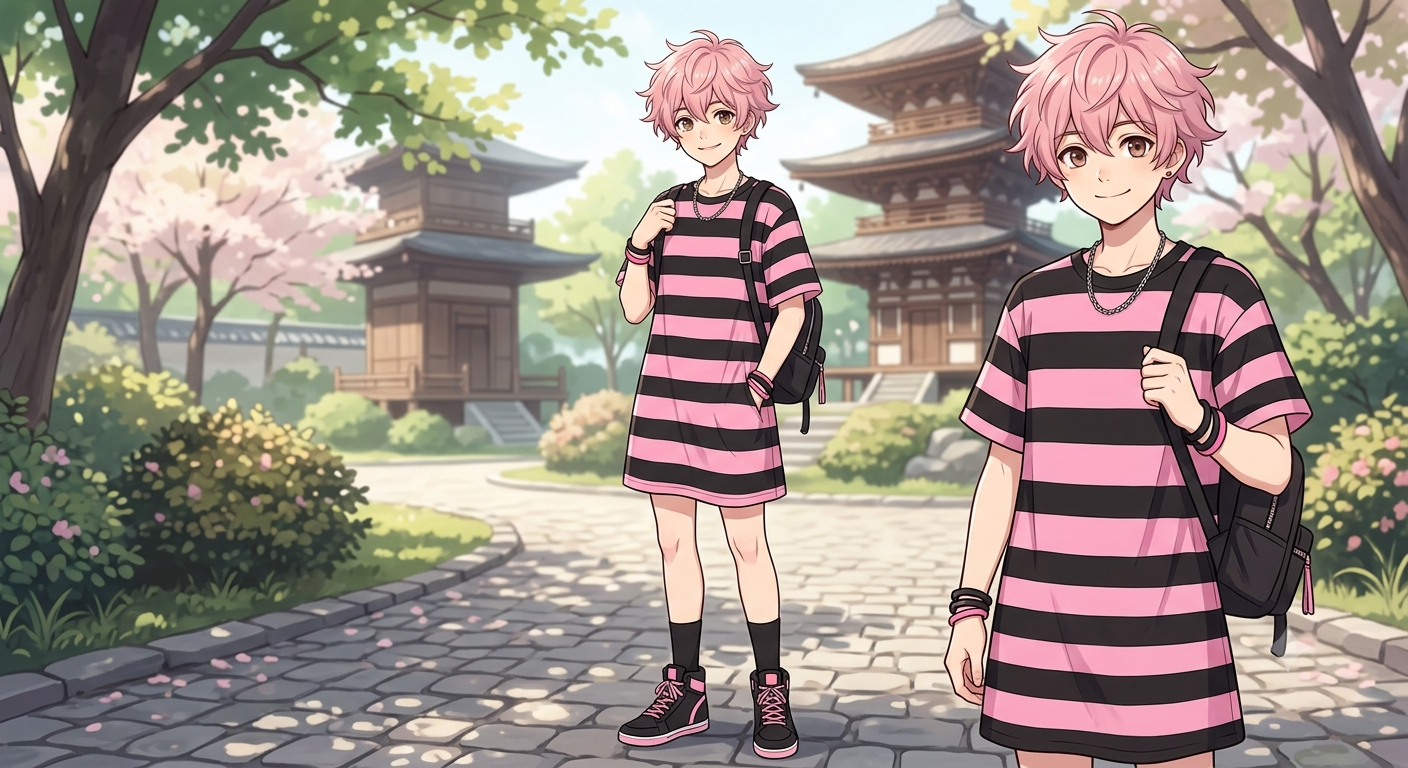 prompt-used (with gemini): anime boy in pink and black patterned dress. the pattern is black and pink in alternating stripes