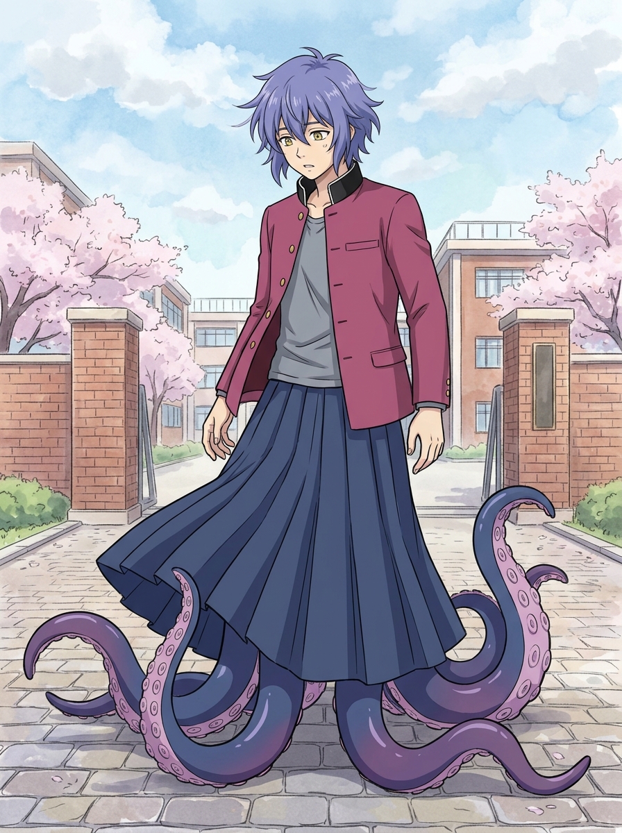 prompt-used (with gemini): anime boy in pink gakuran top long blue skirt and long tenticles for feet like an octopus