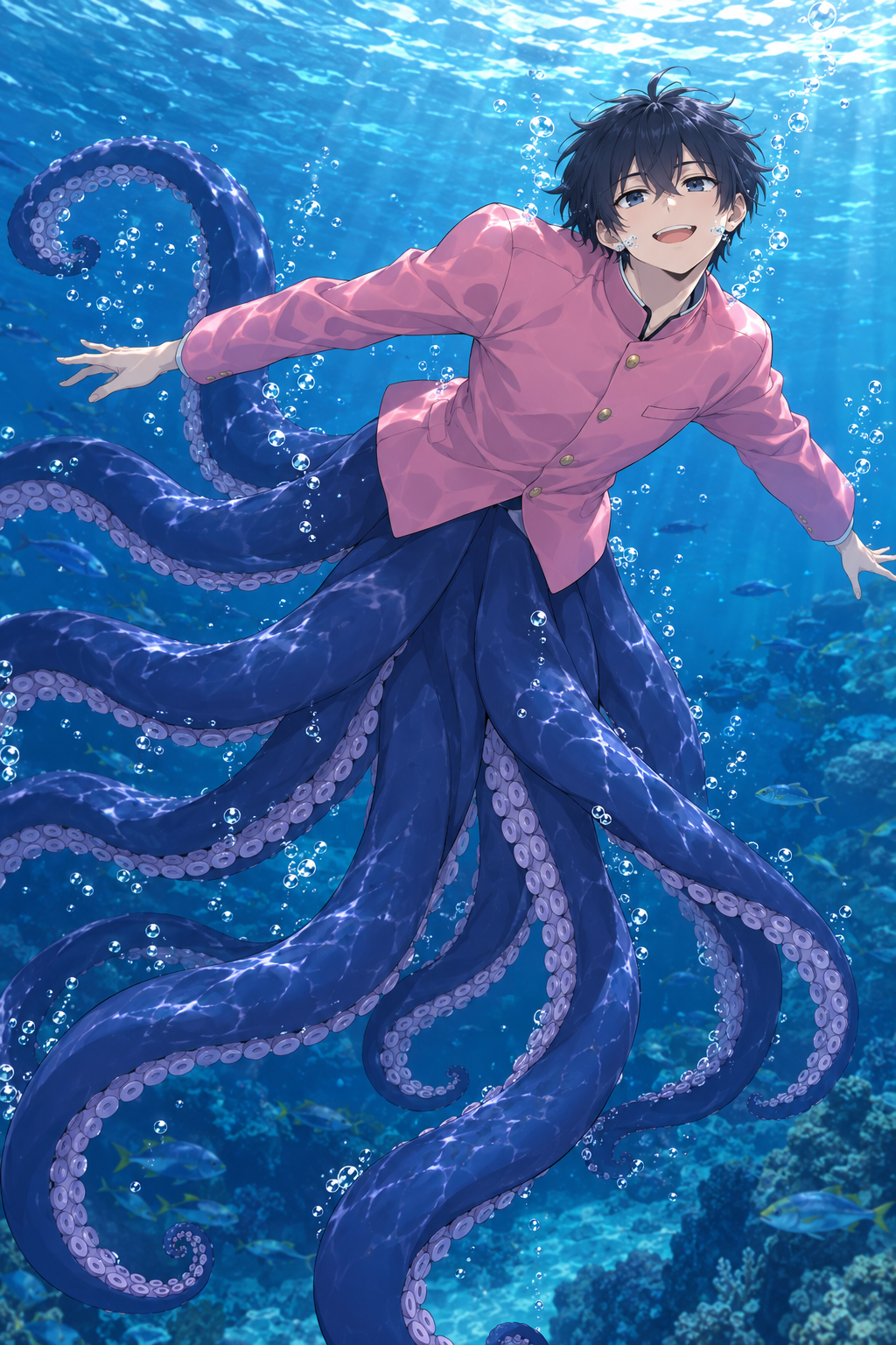 prompt-used (with chatgpt, image): now put him under water, happy breathing fine using his tentacles to swim.