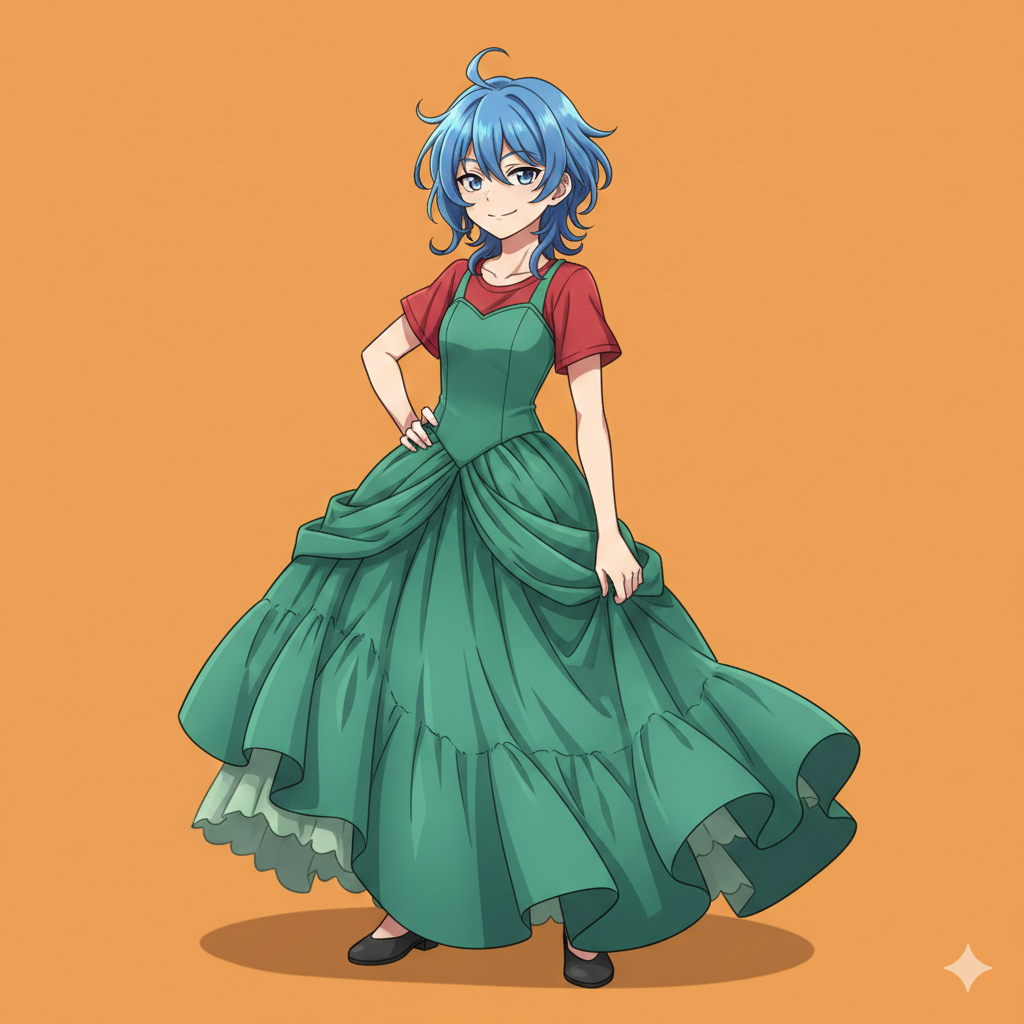 prompt-used (with gemini): blue hair anime boy with red shirt in a green dress on a orange background