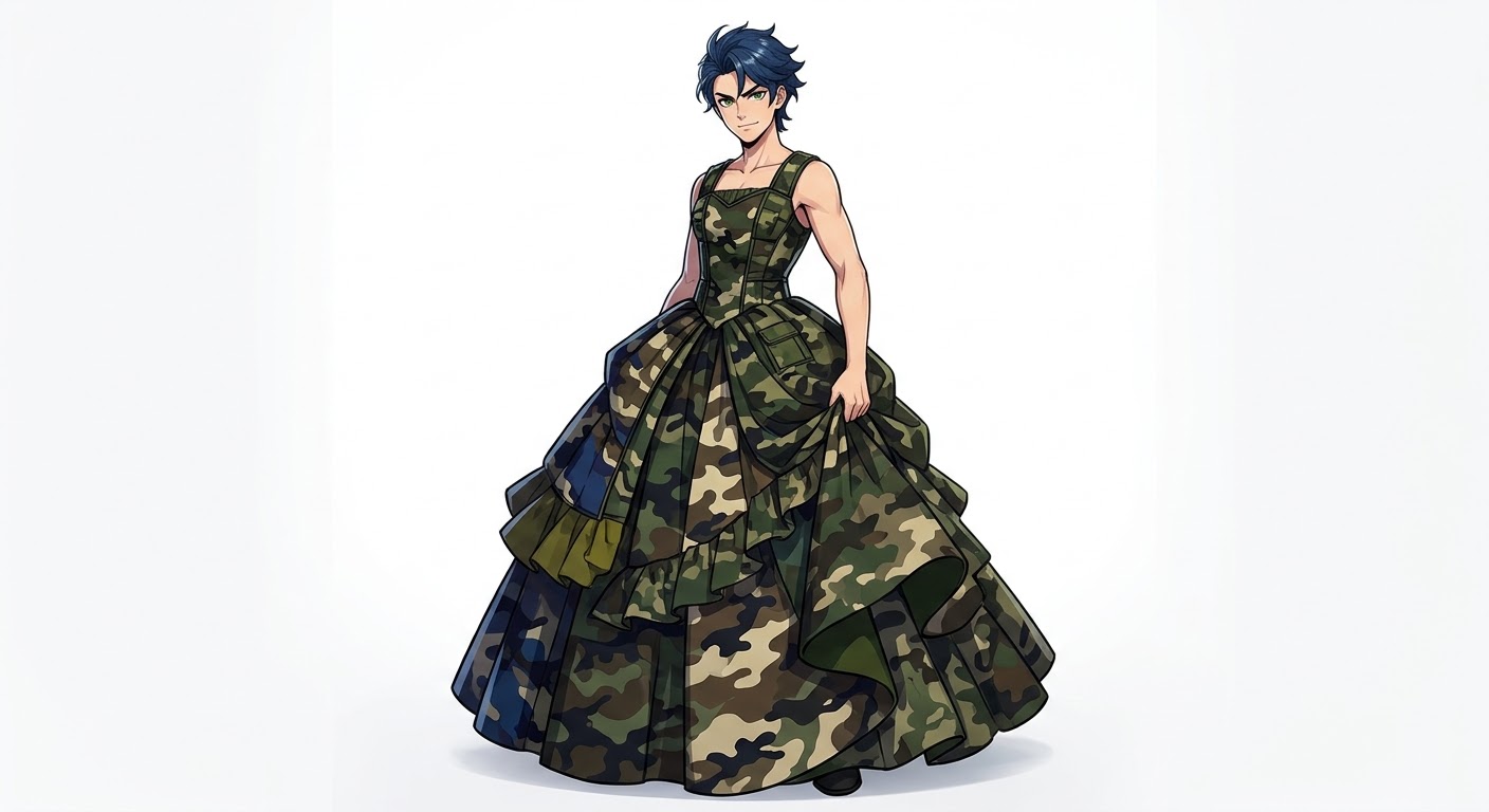prompt-used (with gemini): full body anime boy in big dress of military uniform patterns in a white void.
