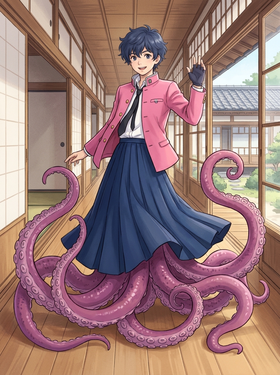 prompt-used (with gemini): anime boy in pink gakuran top long blue skirt and long (about twice his own body length long) tenticles for feet like an octopus