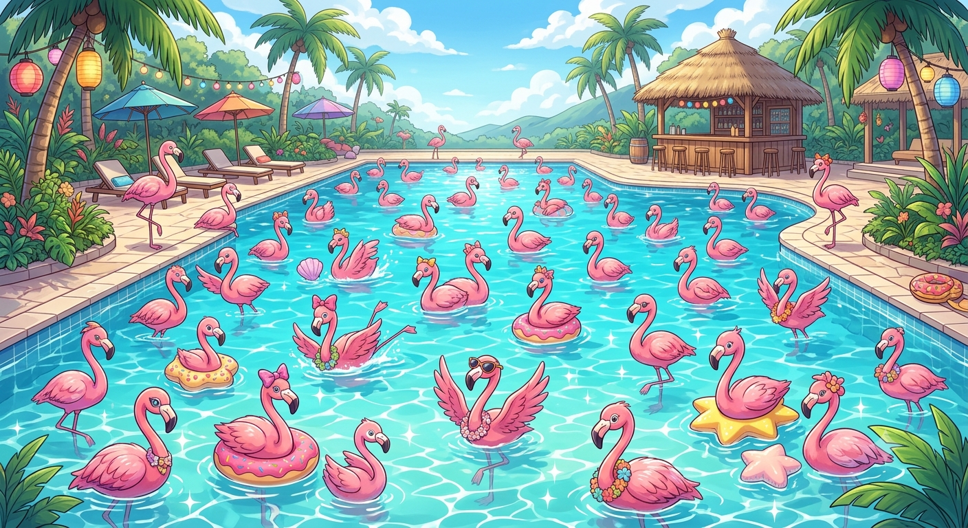 prompt-used (with gemini): Make an image of anime styled flamingos in a pool, as many as you can but not too close to each other please.