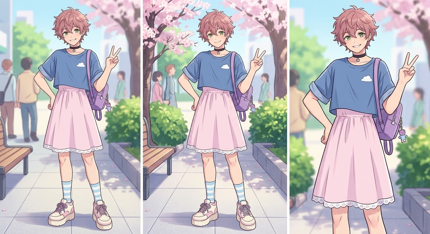 prompt-used (with gemini): full body anime boy in pink dress with blue cropped tshirt over it.
