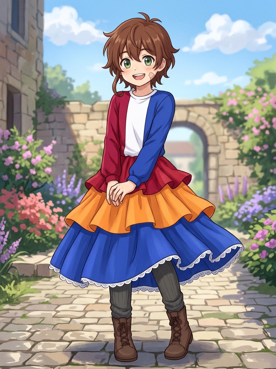 prompt-used (with gemini): Draw an anime boy with a dress like so, the left side and sleeve of the shirt is red, the middle section is white and the right side and sleeve is blue, the top layer of the dress of red, the middle layer of the dress is orange, and the bottom is blue.