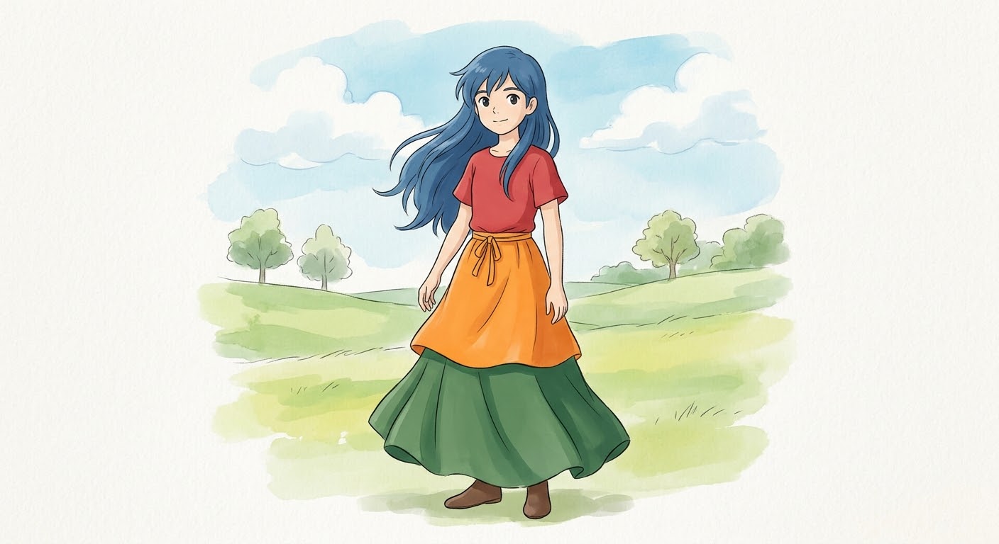 prompt-used (with gemini): simple anime boy with dress made up of red shirt (bodice), floor length green skirt and knee length orange overskirt and long blue hair flowing.