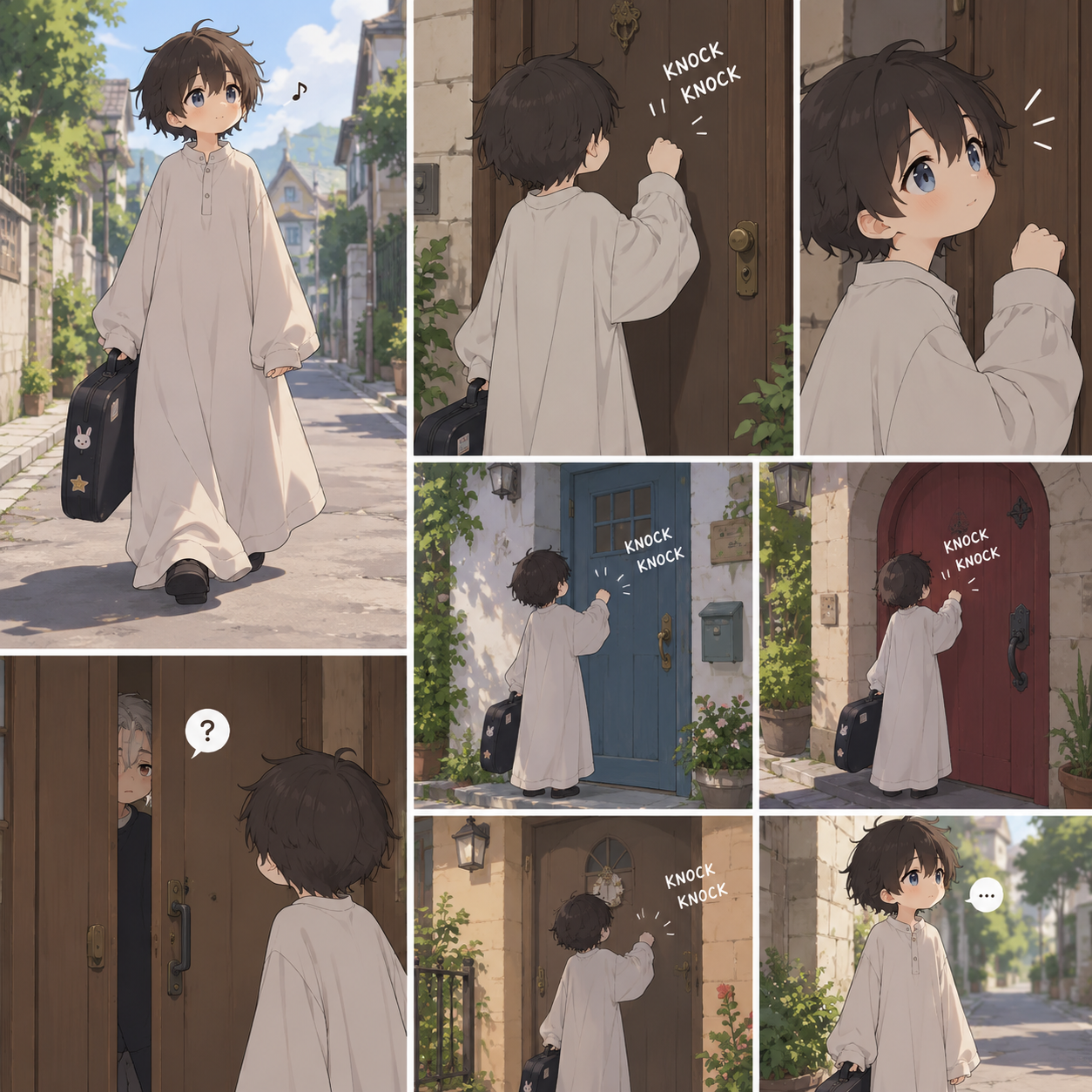 prompt-used (with chatgpt): A cute young anime boy in an oversized long dress carrying a case, knocking on random doors