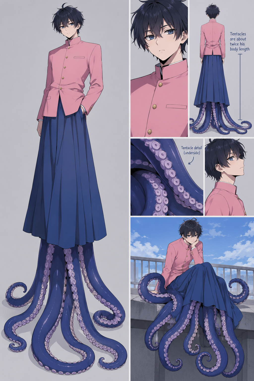 prompt-used (with chatgpt): anime boy in pink gakuran top long blue skirt and long (about twice his own body length long) tenticles for feet like an octopus