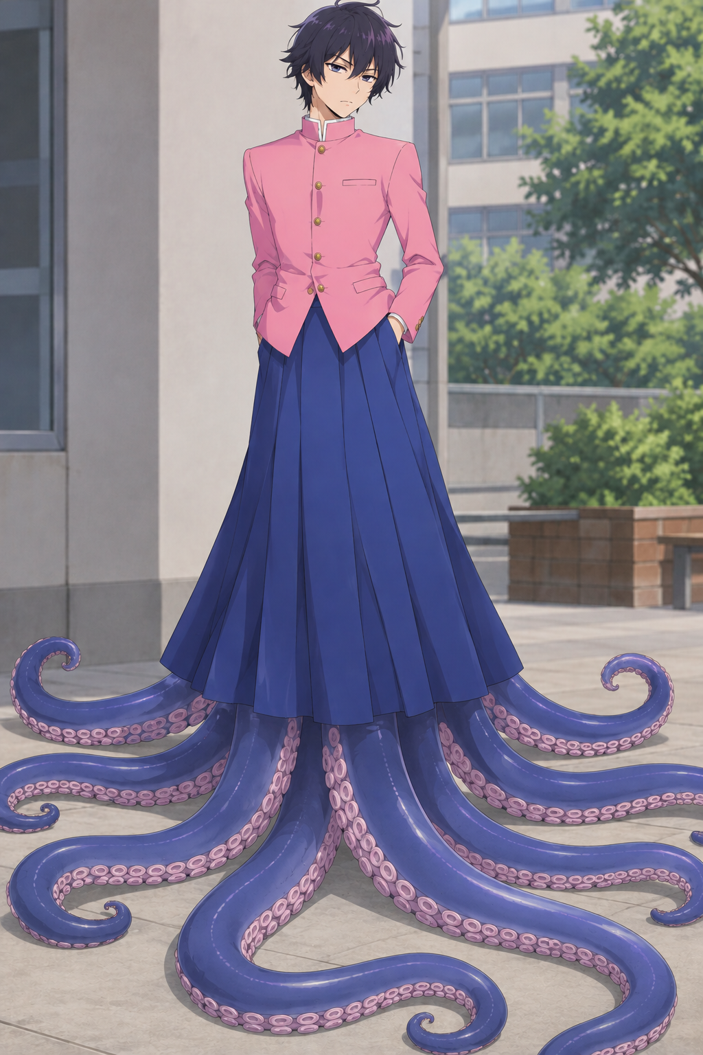 prompt-used (with chatgpt): anime boy in pink gakuran top long blue skirt and long tenticles for feet like an octopus