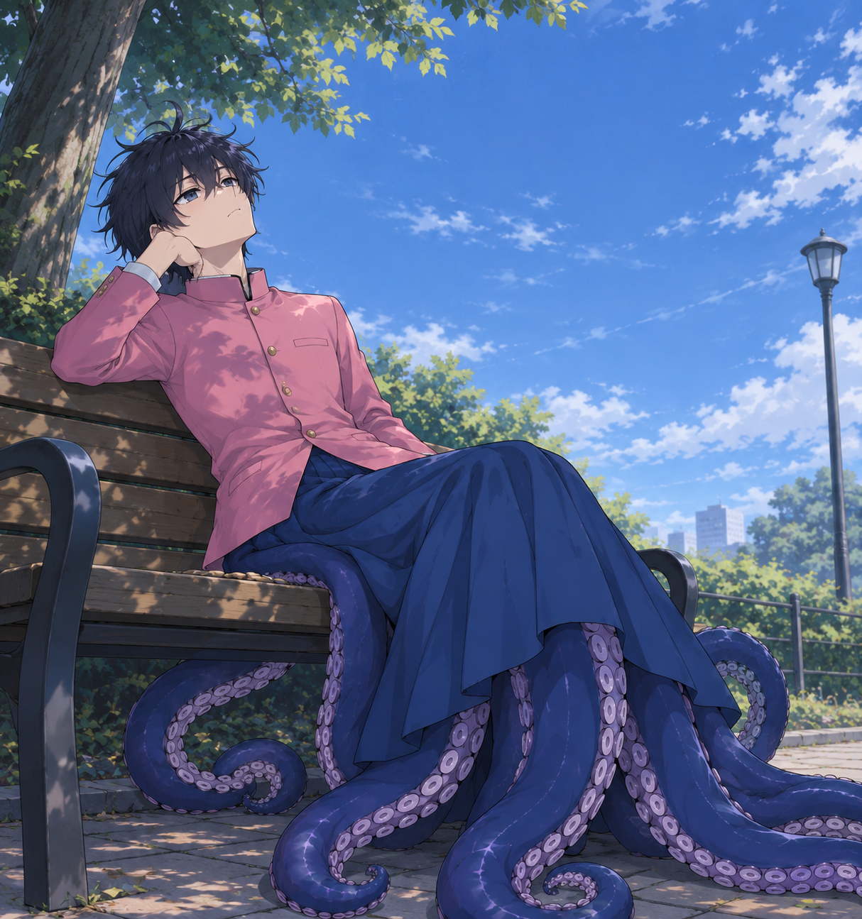 prompt-used (with chatgpt): make him sit in the park, bored staring into the sky.